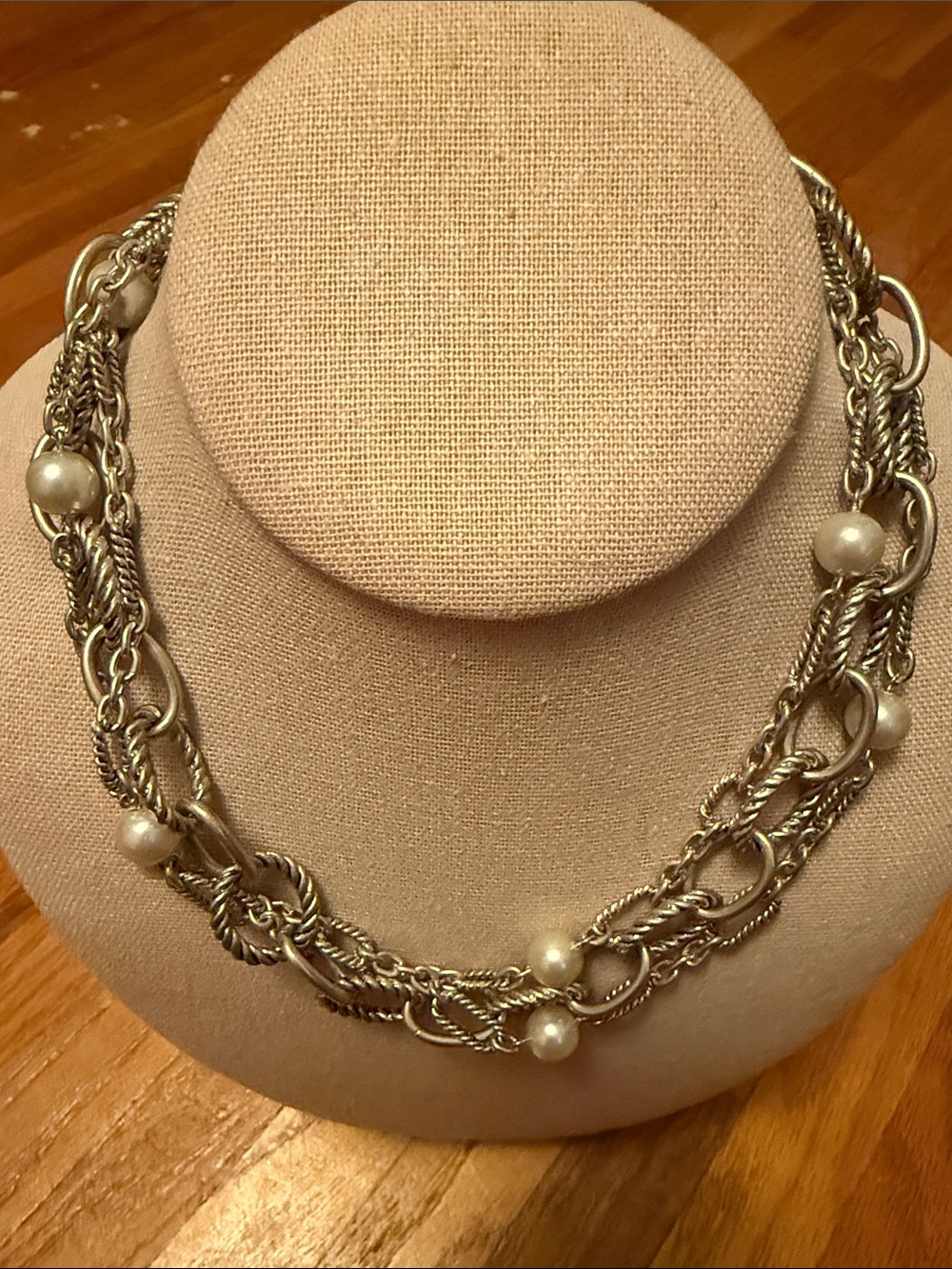 Silver-Tone Multi-Chain Necklace with Pearlescent Beads